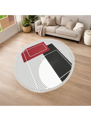 Kaymaz Yıkanabilir Dijital Baskılı Salon Halısı Yıldız Deri Saçaklı Yuvarlak Geometrik AL4052