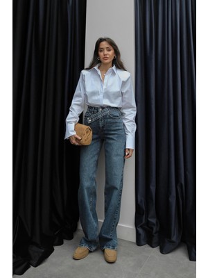 Havoş Koyu Mavi Çapraz Kemer Detaylı Jean