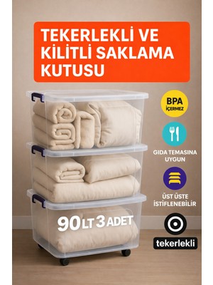 Loremp 90 Lt Şeffaf Saklama Kutusu 3 Adet Kilitli Tekerlekli Depolama Düzenleme