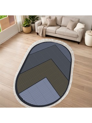 Kaymaz Yıkanabilir Dijital Baskılı Salon Halısı Yıldız Deri Saçaklı Oval Geometrik AL4048