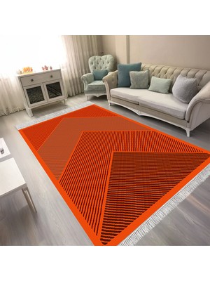 Kaymaz Yıkanabilir Dijital Baskılı Salon Halısı Trend Saçaklı Geometrik AL4048