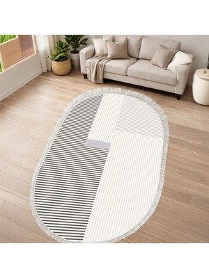 Kaymaz Yıkanabilir Dijital Baskılı Salon Halısı Yıldız Deri Saçaklı Oval Geometrik AL4050
