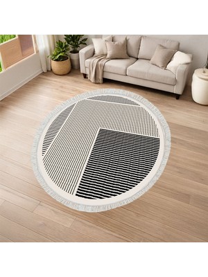 Kaymaz Yıkanabilir Dijital Baskılı Salon Halısı Yıldız Deri Saçaklı Yuvarlak Geometrik AL4048