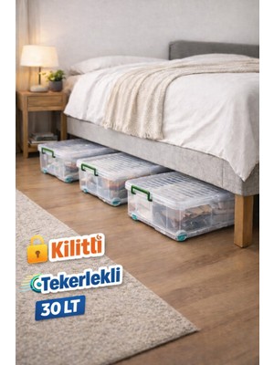 Loremp Yatak Baza Koltuk Altı Yatay Tekerlekli Kilitli 3 Adet 30 Lt Saklama Kutusu Depolama