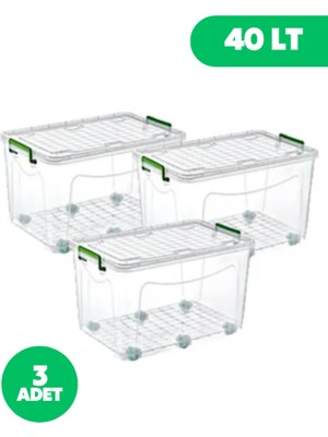 Loremp Tekerlekli Kilitli Saklama Kutusu 40 Litre 3 Adet Tekerlekli Saklama Kabı