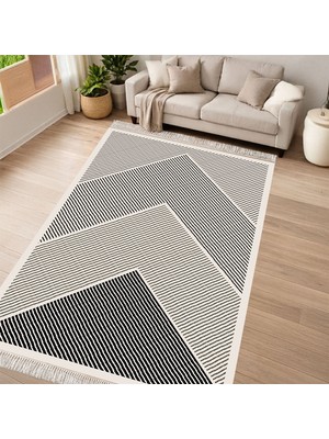 Kaymaz Yıkanabilir Dijital Baskılı Salon Halısı Yıldız Deri Saçaklı Geometrik AL4048