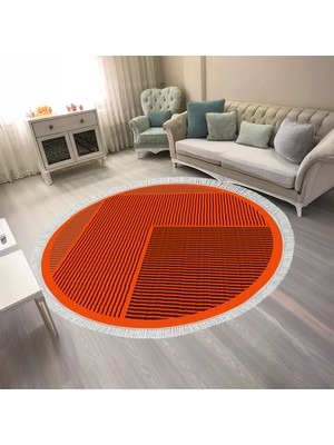 Kaymaz Yıkanabilir Dijital Baskılı Salon Halısı Trend Saçaklı Yuvarlak Geometrik AL4048