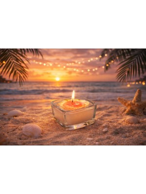 Deniz Kabuklu Cam Mum – Dekoratif Kare Cam Mumluk, Tropikal & Romantik Ortam Mum