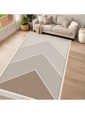 Kaymaz Yıkanabilir Dijital Baskılı Salon Halısı Yıldız Deri Saçaklı Geometrik AL4048