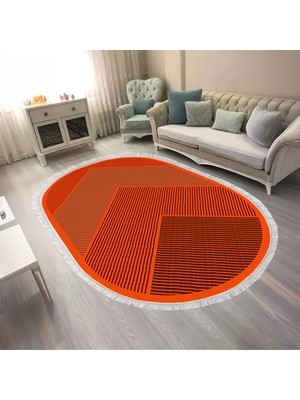Kaymaz Yıkanabilir Dijital Baskılı Salon Halısı Trend Saçaklı Oval Geometrik AL4048