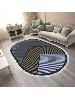 Kaymaz Yıkanabilir Dijital Baskılı Salon Halısı Trend Saçaklı Oval Geometrik AL4048