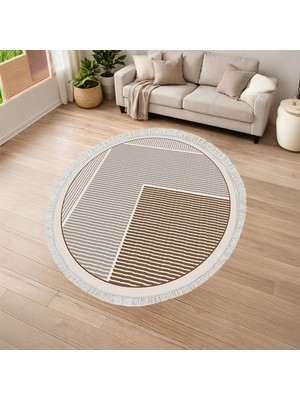 Kaymaz Yıkanabilir Dijital Baskılı Salon Halısı Yıldız Deri Saçaklı Yuvarlak Geometrik AL4048