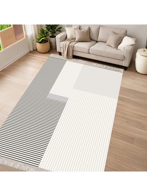 Kaymaz Yıkanabilir Dijital Baskılı Salon Halısı Yıldız Deri Saçaklı Geometrik AL4050