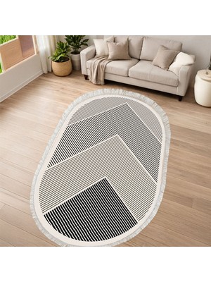 Kaymaz Yıkanabilir Dijital Baskılı Salon Halısı Yıldız Deri Saçaklı Oval Geometrik AL4048