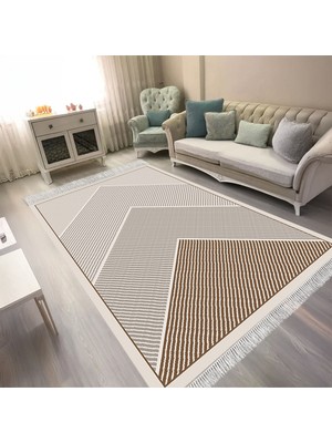 Kaymaz Yıkanabilir Dijital Baskılı Salon Halısı Trend Saçaklı Geometrik AL4048