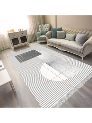 Kaymaz Yıkanabilir Dijital Baskılı Salon Halısı Trend Saçaklı Geometrik AL4052