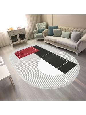 Kaymaz Yıkanabilir Dijital Baskılı Salon Halısı Trend Saçaklı Oval Geometrik AL4052
