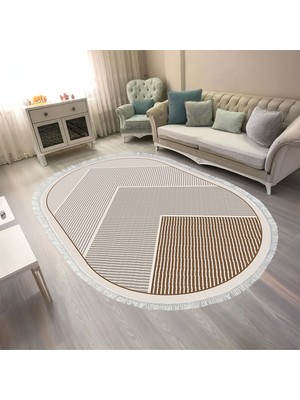 Kaymaz Yıkanabilir Dijital Baskılı Salon Halısı Trend Saçaklı Oval Geometrik AL4048