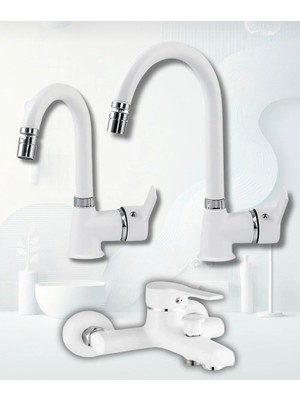 Beyaz Krom Armut Baston Oynar Başlıklı Banyo Lavabo Evye Bataryası ve Banyo Bataryası