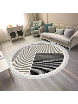 Kaymaz Yıkanabilir Dijital Baskılı Salon Halısı Trend Saçaklı Yuvarlak Geometrik AL4048