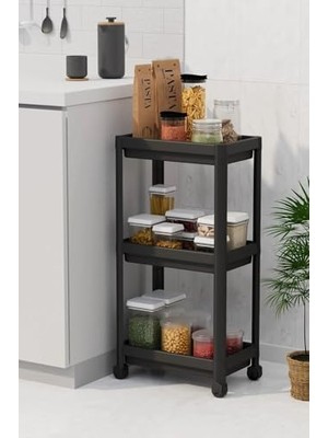 3 Katlı Tekerlekli Raf Ünitesi - Banyo & Mutfak Organizer - Çok Amaçlı Servis Sehpası - Dar Alanlar Için Pratik Saklama Çözümü (Siyah)