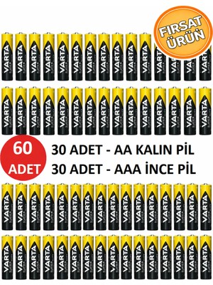 60'li Kalem Pil Seti – 30 Adet Aa Kalın + 30 Adet Aaa Ince Pil Güçlü Performanslı Seri