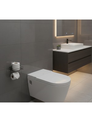 Çok Amaçlı Raf Üstü Tuvalet Kağıdı Tutucu ve Banyo Düzenleyici Seti - Yapışkanlı Mat Siyah