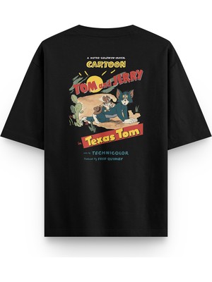 Overoz Tom & Jerry Kedi Sırt Baskılı Yarı Oversize Unisex Siyah T-Shirt 1352