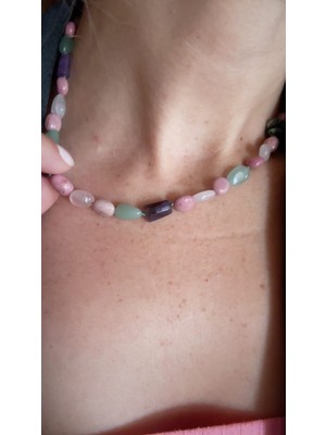 By Song Aksesuar Aventurin Rodonit Pembe Kuvars Ametist Doğaltaş Kolye