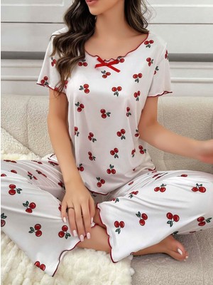 Çamaşır Kenti Kadın Beyaz Kiraz Desenli Kısa Kollu Yumuşak Pijama Takımı 5128