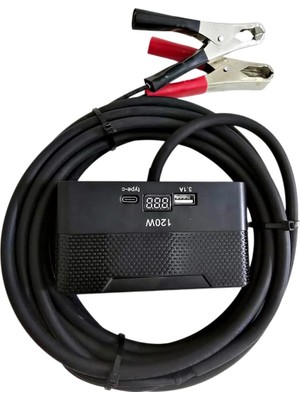 Geseus Aküden Bağlantılı Uzatma Kablosu Çakmaklık Çoklayıcı LCD Ekranlı Usb, Type-C Çıkışlı 12 Volt 10 Amper 120 Wat 2 X1,5mm Ttr Bakır 5 MT-SIYAH-YT-OT733-MŞ