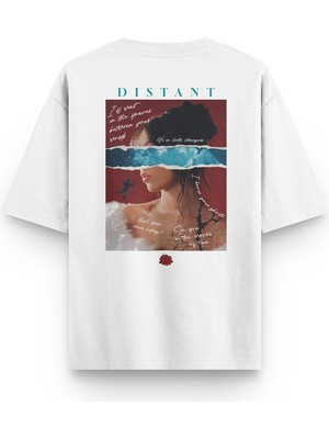 Overoz Kadın Portre Distant Sırt Baskılı Yarı Oversize Unisex Beyaz Tshirt 1348