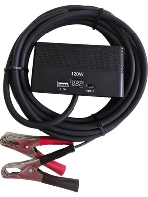 Geseus Aküden Bağlantılı Uzatma Kablosu Çakmaklık Çoklayıcı LCD Ekranlı Usb, Type-C Çıkışlı 12 Volt 10 Amper 120 Wat 2 X1,5mm Ttr Bakır 2 MT-SIYAH-YK-OT733-MŞ