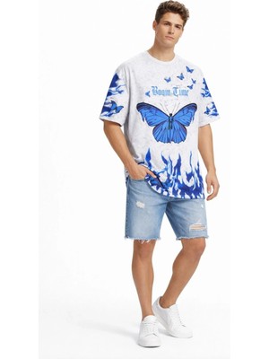 Alfanora Erkek Asit Yıkamalı Oversize Tişört Mavi Kelebek Baskılı Dijital Print Bisiklet Yaka Streetwear T-Shirt - Beyaz