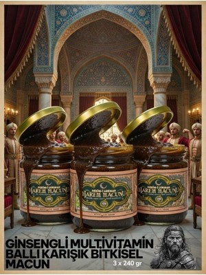 3 x 240 gr Harem Ginsengli Bitkisel Pekmez Karışımlı Macun Anzeli Naturel Çakşır Otu Macunlu Ballı Polenli Multivitamin Bitkisel