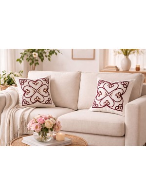 Royalyat El Yapımı Keten Duck Kumaş Punch Kırlent Kılıfı (43X43) Dekoratif Kalp Motifli