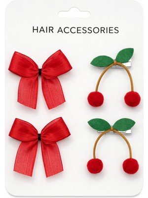 Laria Kırmızı Kirazlı ve Fiyonklu 4'lü Kız Çocuk ve Bebek Toka Seti