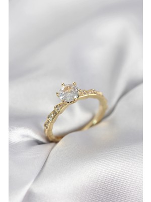 Clariss Ashwork Gold Renk Zirkon Taşlı Tek Taş Model Kadın Yüzük 587455