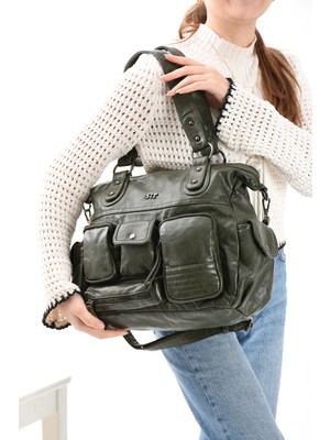 Duomino Yıkama Deri Yeşil Çok Bölmeli Çapraz ve Omuz Çantası / Kol Çantası