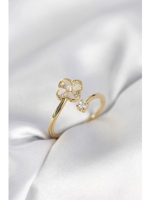 Clariss Ashwork Gold Renk Zirkon Taşlı Yonca Model Kadın Yüzük 587455