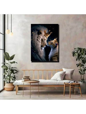Artprinta Aslan Kral & Kraliçe Kanvas Tablo – Altın Taçlı Aslan Çifti Lüks Duvar Dekoru