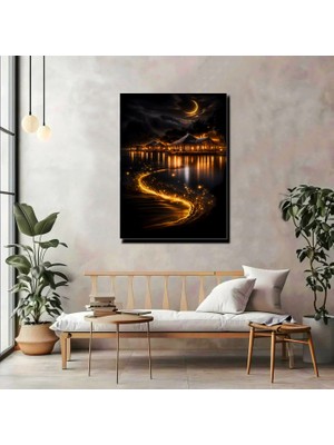 Artprinta Altın Işıltılı Gece Manzarası Kanvas Tablo – Ay Işığı & Göl Yansımalı Lüks Duvar Dekoru