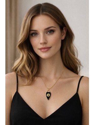 Solare Accessories Oniks Doğal Taşlı Altın Kaplama Çelik Kolye