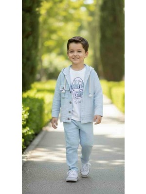 Erkek Çocuk Kapüşonlu Müslin Ceketli 3'lü Takım - Açık Mavi