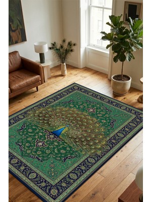 The Reef Design The Reef Zümrüt Yeşili Tavus Kuşu Desenli Halı Dijital Baskılı Dokuma Kaymaz Tabanlı Yıkanır Antre Halısı