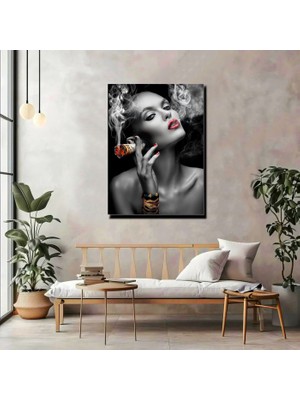 Artprinta Siyah Beyaz Kadın Portre Kanvas Tablo – Kırmızı Detaylı Modern Duvar Dekoru
