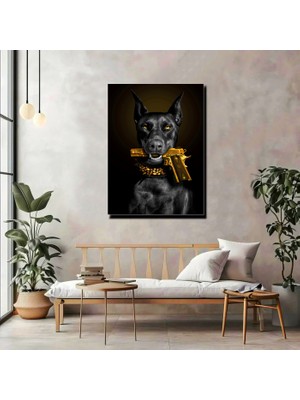 Artprinta Siyah Doberman Kanvas Tablo – Gold Detaylı Modern Köpek Duvar Dekoru