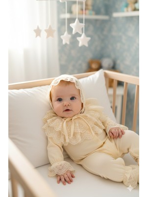 Miniday Baby Kız Bebek Mevlütlük Tulum Dantelli Şapkalı  %100 Pamuklu Hastane Çıkışı