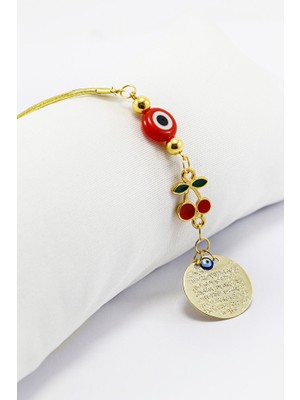 Biuti Cam Kırmızı Yassı Boncuklu Kirazlı Küçük Metal Ayetel Kürsi Araba Dikiz Ayna Süsü Gold Renkli