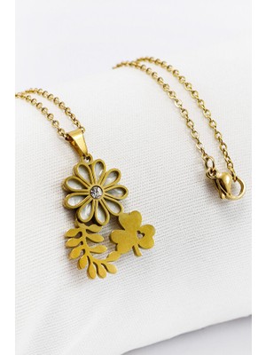 Biuti Paslanmaz Çelik Gold Renkli Parlak Taşlı Sedefli Çiçek Yoncalı Çelik Kolye , Hediyelik Kolye (60 Cm)